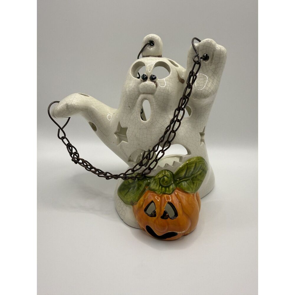 Vintage Ceramic Halloween Ghost Candle Holder Hanging Lantern Chain Pumpkins Set